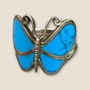 Vintage Sterling Silver Turquoise Inlaid Butterfly Ring Size 10.5